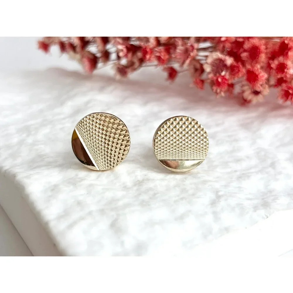 Knurled Textured 80's Style Retro Gold Toned Round Vintage Cuff Links